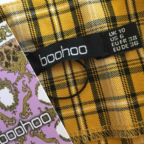 BOOHOO womens 10 checked mustard yellow twee plaid mini pockets retro vibe NEW - Picture 6 of 12